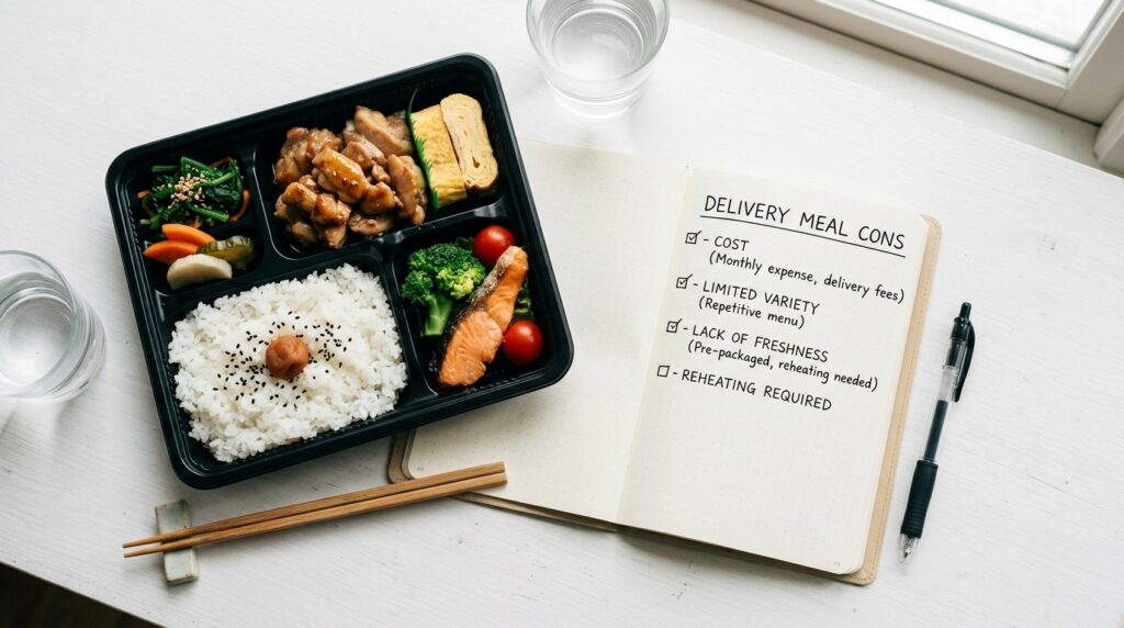 宅食のデメリットを考える人と弁当のフラットレイ