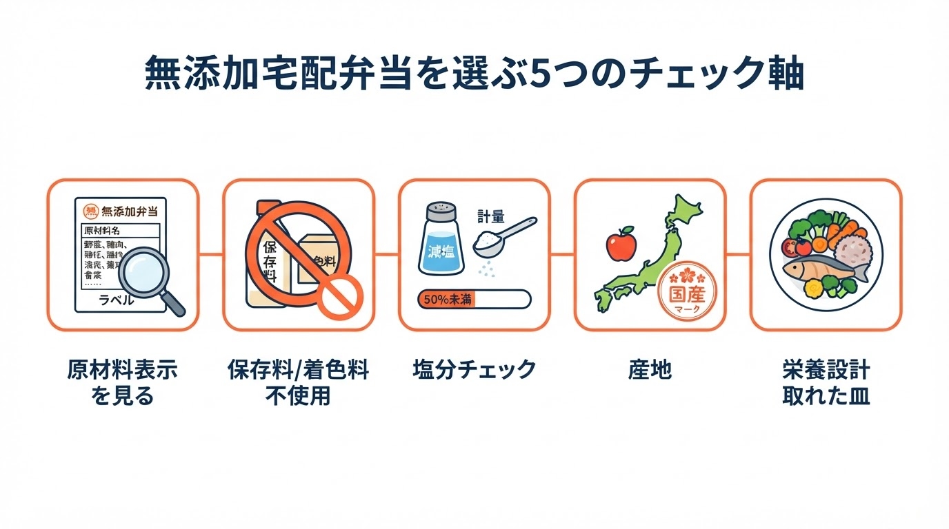 無添加・添加物control宅配弁当を選ぶ5つのチェック軸（原材料表示・保存料/着色料・塩分・産地・栄養設計）を示す図解