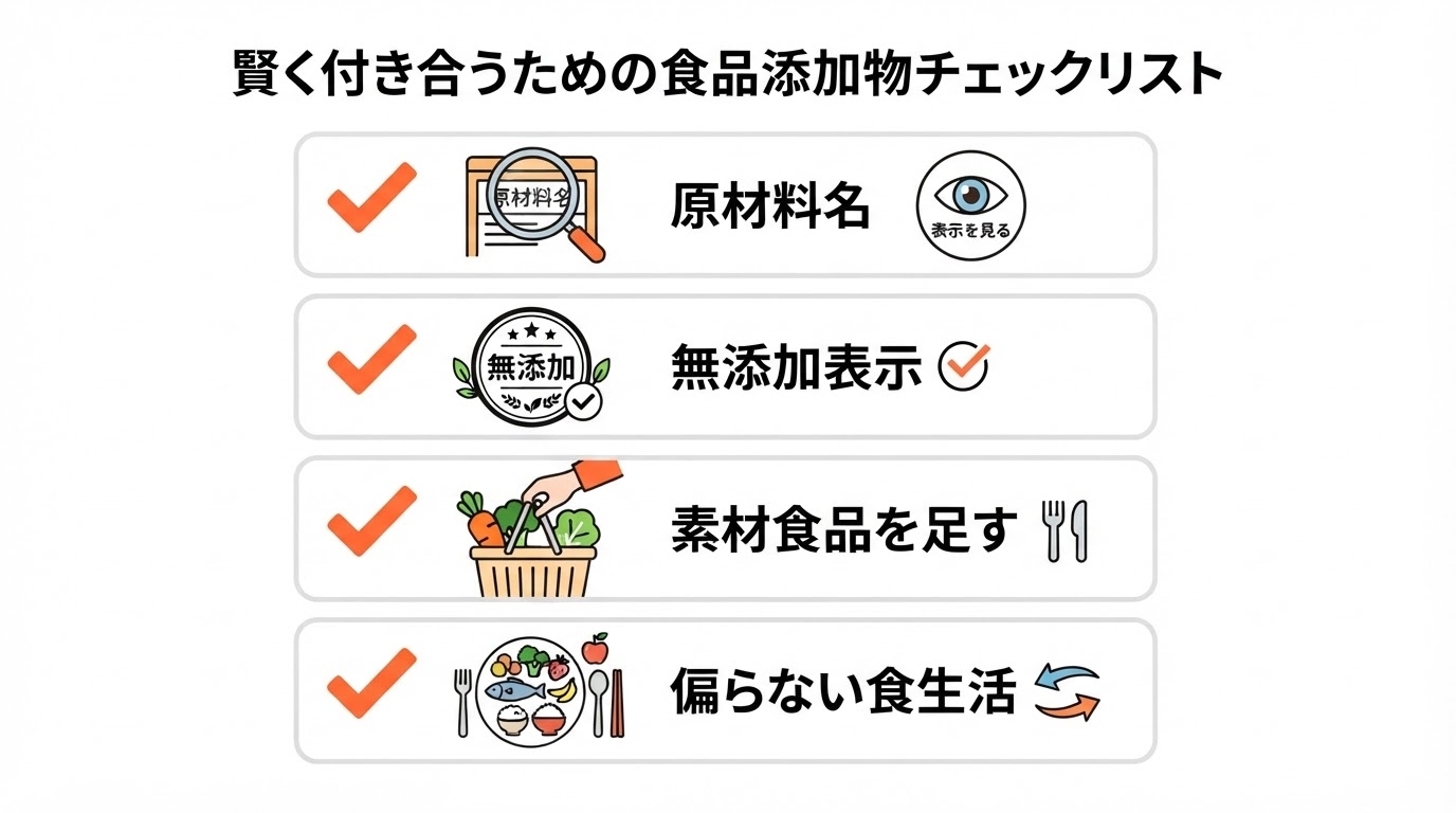 食品添加物と上手に付き合うためのチェックリスト（原材料表示の確認・無添加表示の活用・素材食品を足す・偏らない）