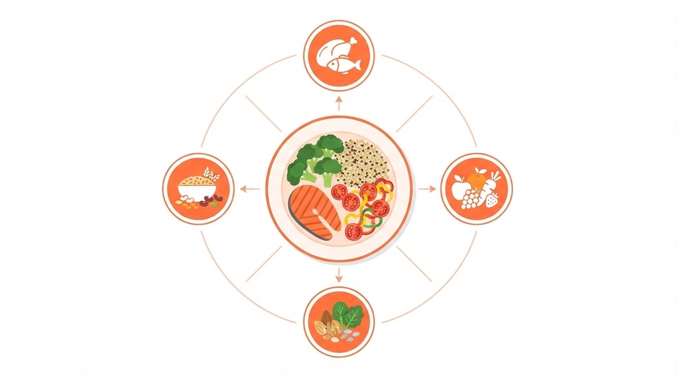 完全栄養食（完全食）の概念図。1食でたんぱく質・ビタミン・ミネラル・食物繊維などをバランスよく摂れるよう設計された食品であることを示す図解