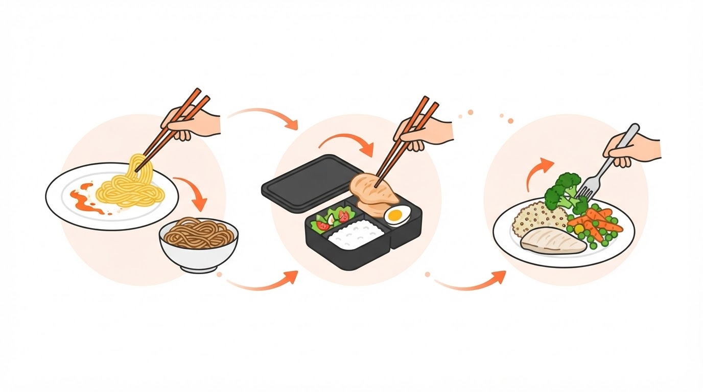 豆由来食品を毎日の食事に取り入れる方法（主食の置き換え・たんぱく質のプラス・食物繊維の補給）を示す図解