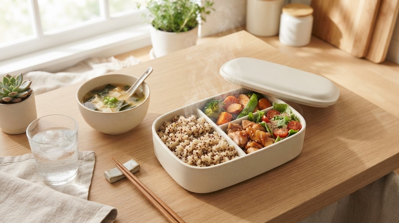 テーブルに並んだ冷凍食品の弁当と温かい料理